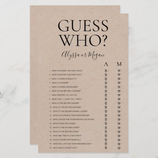 Papier Devinez Qui Rustic LGBTQ Fête des mariées Jeu (Devant / Derrière)