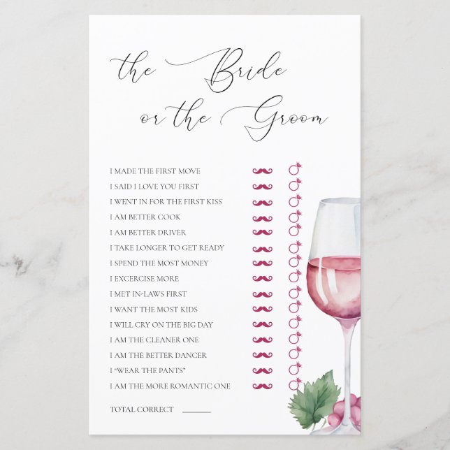 Papier Devinez qui Vino avant Vows Fête des mariées jeu (Devant)