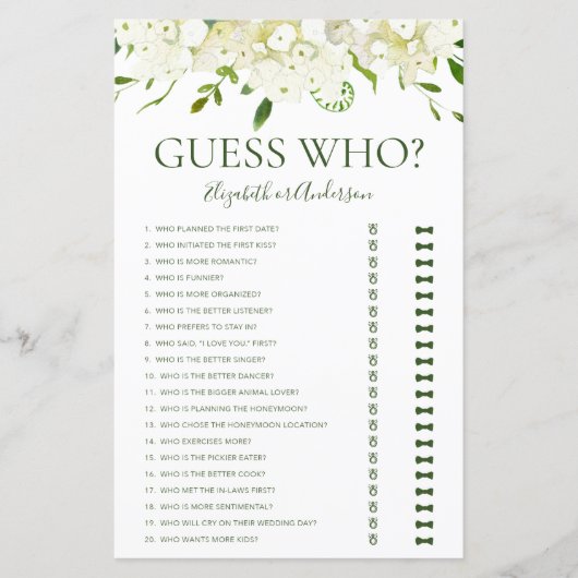 Papier Devinez Qui White Hydrangeas Fête des mariées Jeu (Devant)