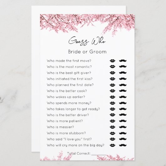 Papier Devinez Who-Bride ou Groom-Blossom Bridal ShowerGa (Devant / Derrière)