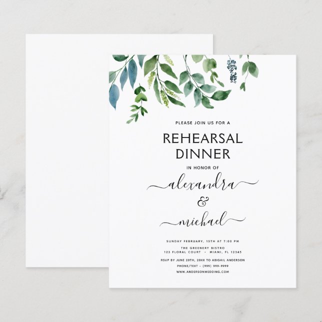 Papier Dîner de répétition de budget Feuillage Vert éléga (Devant / Derrière)