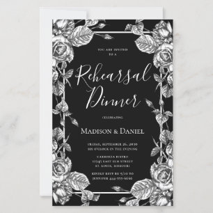 Papier Dîner de répétition élégant noir et blanc à fleurs