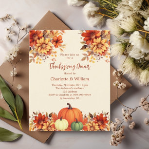 Papier Dîner Thanksgiving florals invitation citrouille