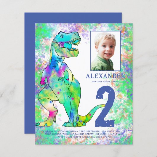 Papier Dinosaur 2e anniversaire de la fête Photo aquarell (Devant / Derrière)