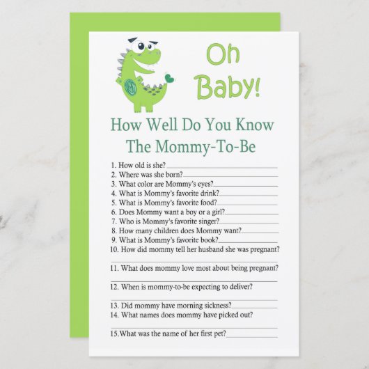 Papier Dinosaur Connaissez-vous bien le jeu de baby showe (Devant / Derrière)