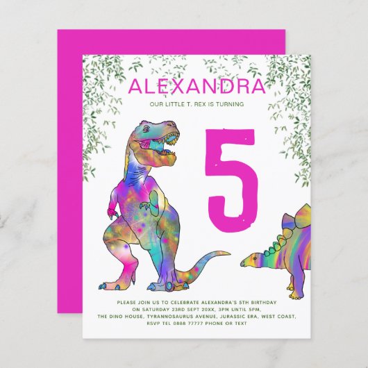 Papier Dinosaur jungle 5e anniversaire fête budget rose (Devant / Derrière)