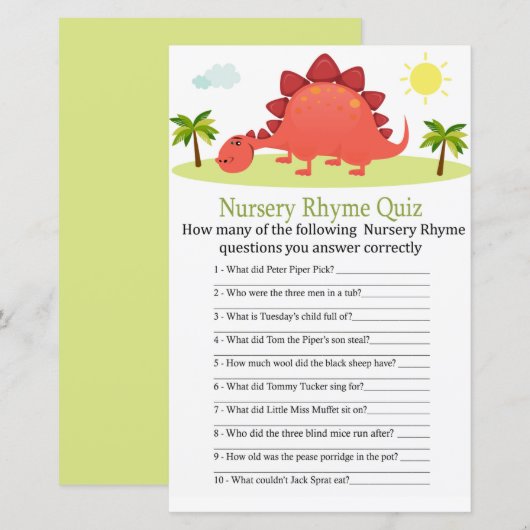 Papier Dinosaur Nursery Rhyme Quiz jeu de baby shower (Devant / Derrière)