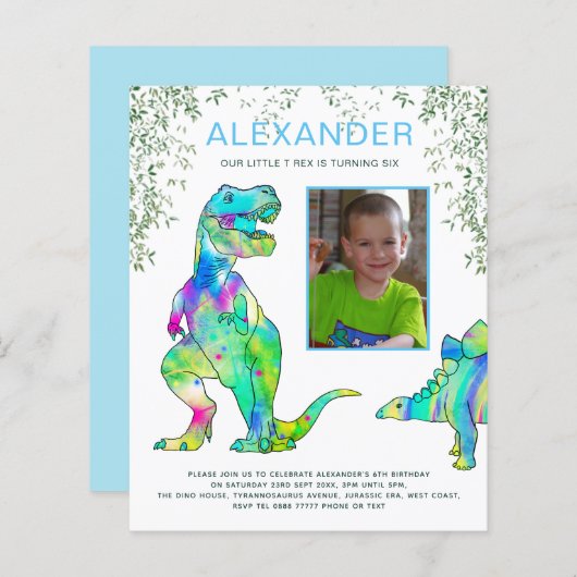Papier Dinosaur Roar Anniversaire Photo Bleu (Devant / Derrière)