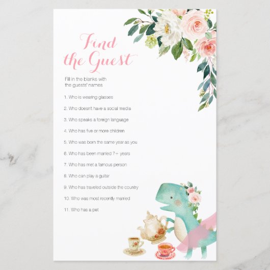 Papier Dinosaur Tea Party Floral Trouvez le jeu Invité (Devant)