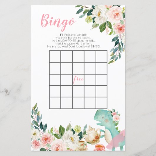 Papier Dinosaur Tea Party Peach Floral Baby shower Bingo (Devant)