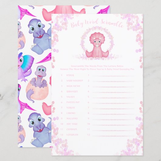 Papier Dinosaure rose Bébé Mot Scramble Baby shower Jeu (Devant / Derrière)