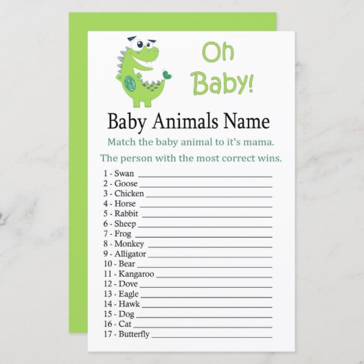 Papier Dinosaure Vert Bébé Animaux Nom Jeu (Devant / Derrière)