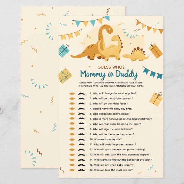 Papier Dinosaures Baby shower devine qui maman ou papa (Devant / Derrière)