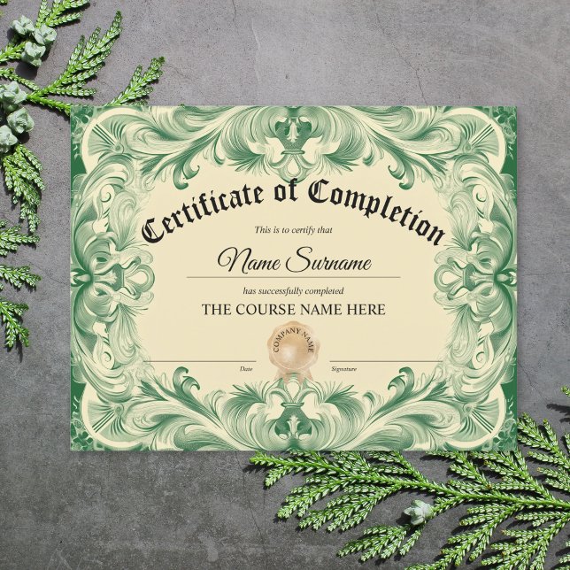 Papier Diplôme Certificat d'achèvement Cours d'attributio (certificate of completion with green ornate border)