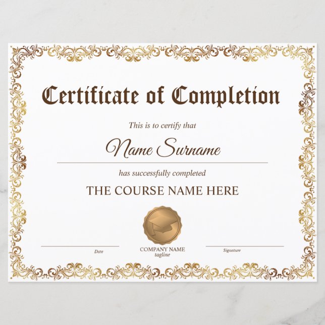 Papier Diplôme Certificat d'achèvement Cours d'attributio (Devant)