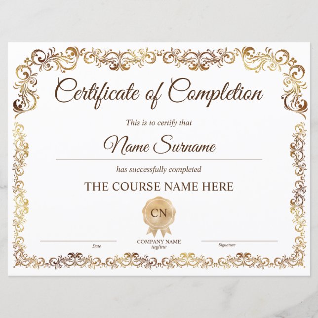 Papier Diplôme Certificat d'achèvement Cours d'attributio (Devant)