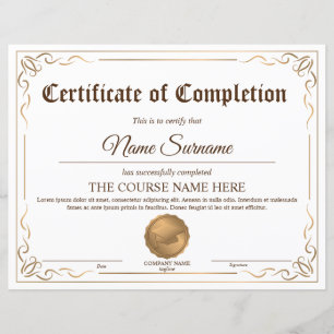 Papier Diplôme Certificat d'achèvement Cours d'attributio