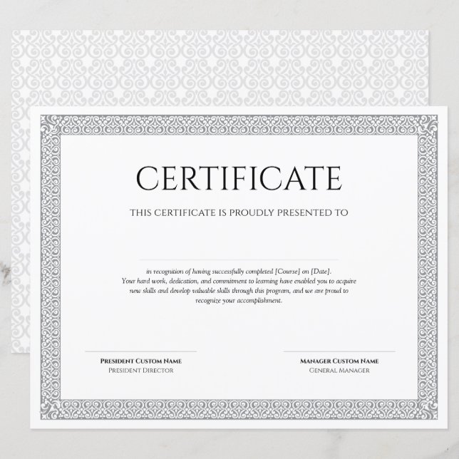 Papier Diplôme Classique Élégant Certificat imprimable (Devant / Derrière)
