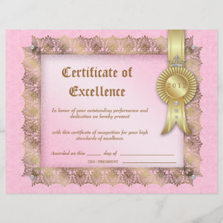 Papier Diplôme de certificat d'excellence Couronne rose o