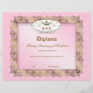Papier Diplôme d'école de beauté Couronne dentelle or ros