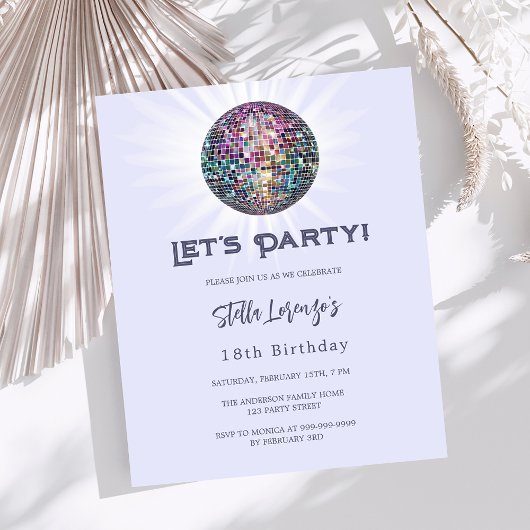 Papier Disco fête lavande violet invitation anniversaire