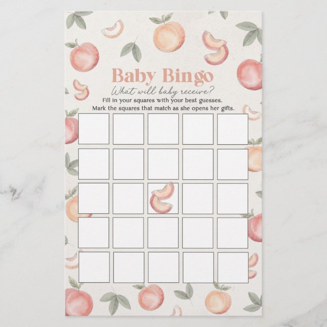Papier douce pêche boho bébé bingo jeu de baby shower (Devant)