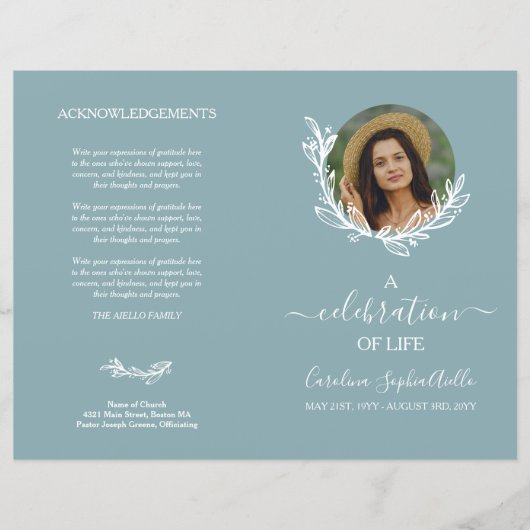 Papier Dove Blue Wreath Photo Celebration of Life Program (Devant)