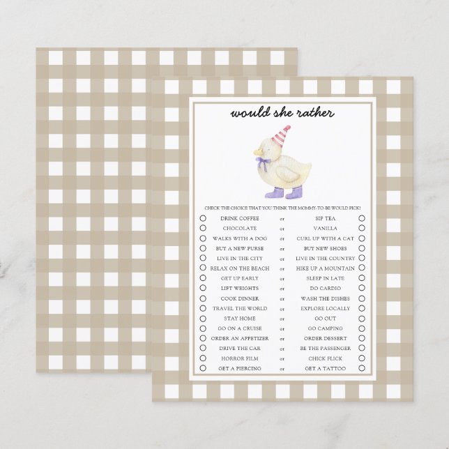 Papier Duck Voudrait-Elle Plutôt Baby shower Jeu (Devant / Derrière)