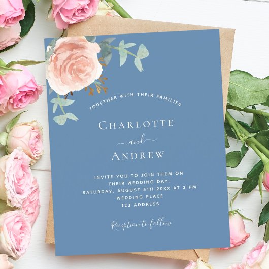 Papier Dusty bleu rose or budget QR RSVP mariage