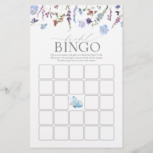 Papier Dusty Blue Aquarelle Fleur sauvage Jeu de bingo (Devant)