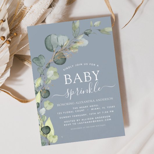 Papier Dusty Blue Baby Sprinkwer Shower Invitation