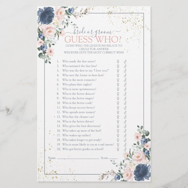 Papier Dusty Blue Blush Rose or Floral Douche Jeu (Devant)