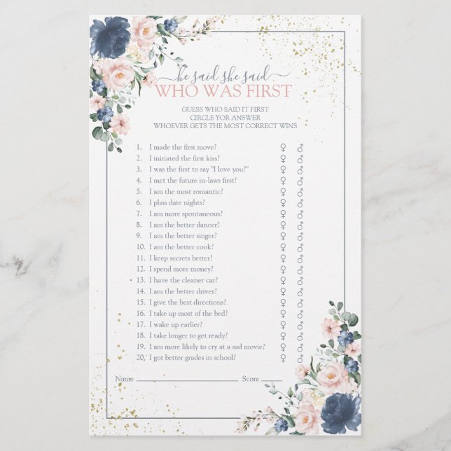 Papier Dusty Blue Blush Rose or Floral Douche Jeu (Devant)