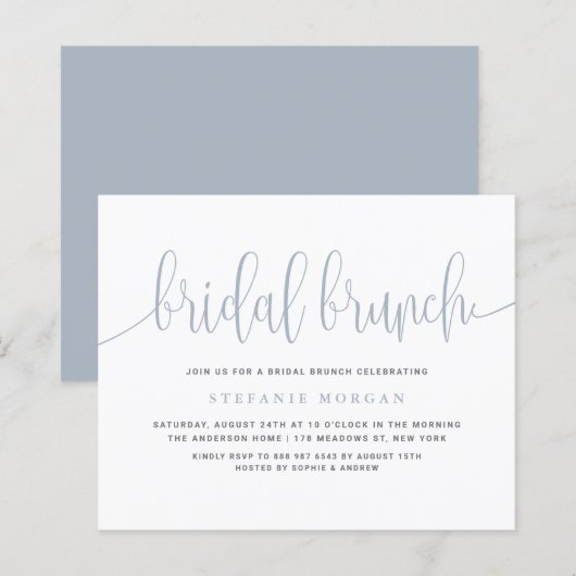 Papier Dusty Blue Calligraphy Invitation de Brunch nuptia (Devant / Derrière)