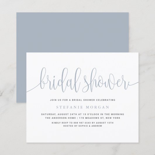Papier Dusty Blue Calligraphy Invitation de douche nuptia (Devant / Derrière)