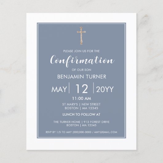 Papier Dusty Blue | Confirmation moderne Invitation budgé (Devant)