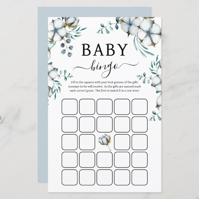 Papier Dusty Blue coton fleurs Baby shower Bingo Jeu (Devant / Derrière)