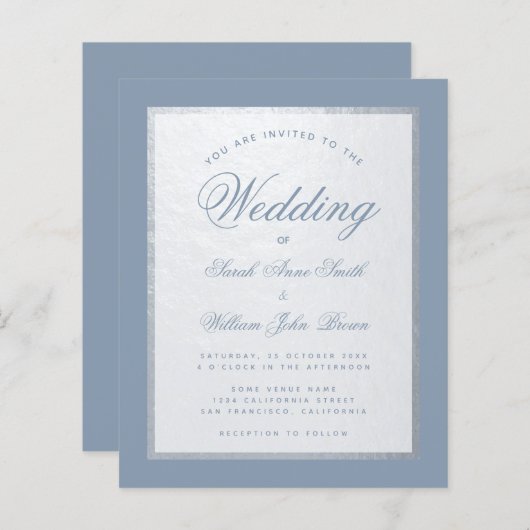 Papier Dusty Blue Faux Faire-part de mariage budgétaire a (Devant / Derrière)