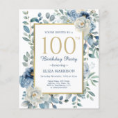 Papier Dusty Blue Floral 100e anniversaire Invitation bud (Devant)
