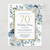 Papier Dusty Blue Floral 70e Anniversaire Invitation budg (Devant)