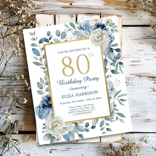 Papier Dusty Blue Floral 80e Anniversaire Invitation budg