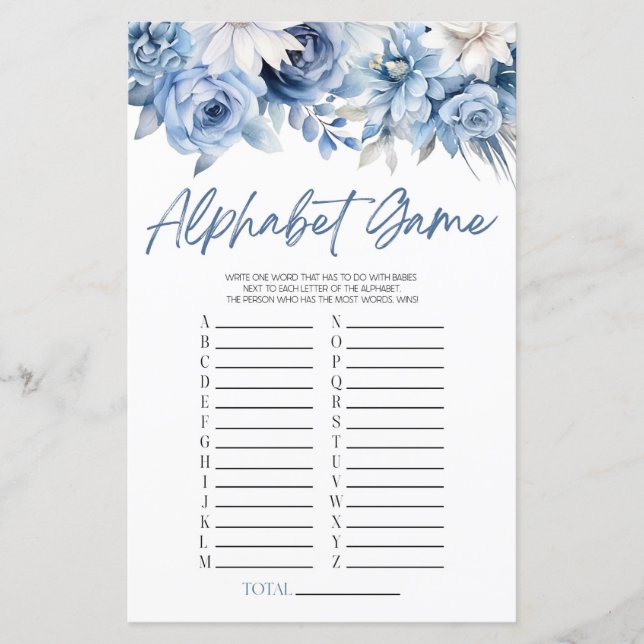 Papier Dusty Blue Floral Alphabet Baby shower Jeu (Devant)