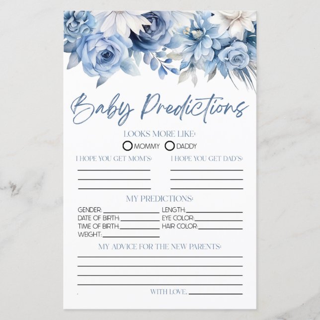 Papier Dusty Blue Floral Baby shower Prédictions Jeu (Devant)