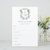 Papier Dusty Blue Floral Crest Mariage Conseils et souhai (Debout devant)