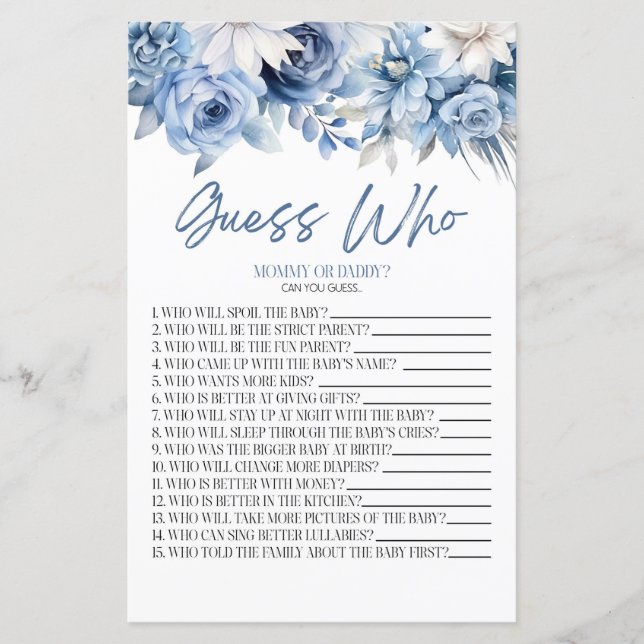 Papier Dusty Blue Floral Devinez Qui Baby shower Jeu (Devant)