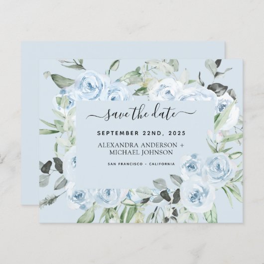 Papier Dusty Blue Floral Green Enregistrer la date (Devant / Derrière)