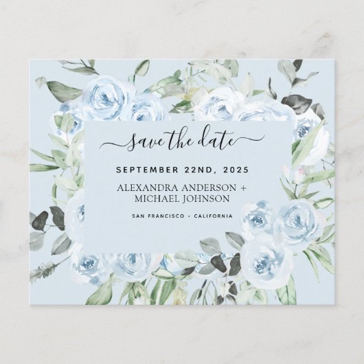 Papier Dusty Blue Floral Green Enregistrer la date (Devant)