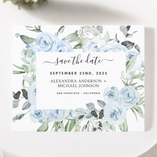 Papier Dusty Blue Floral Greenery Enregistrer la date Inv