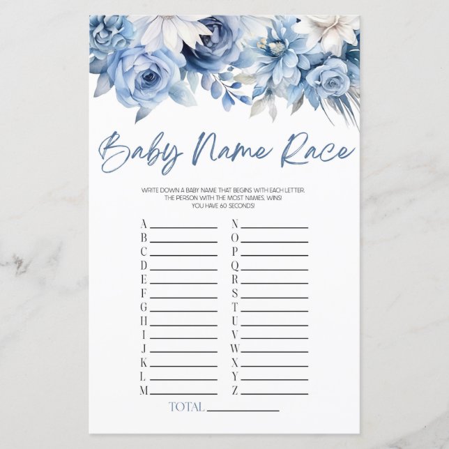 Papier Dusty Blue Floral Nom Course Baby shower Jeu (Devant)