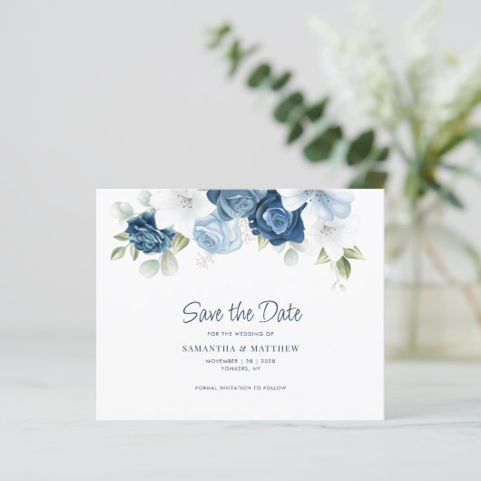 Papier Dusty Blue Floral QR Code Mariage Enregistrer la d (Debout devant)
